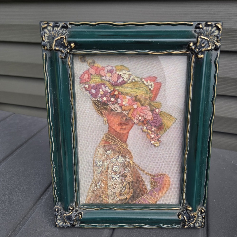 Vintage Embroidered Needlepoint Victorian Woman Hat Elegance